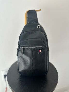 Black Leather Crossbody Sling Bag for Men